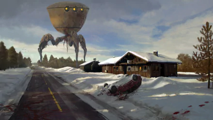 HD PC desktop wallpaper depicting a snowy winter scene with a cabin and a large alien sci-fi tripod machine looming in the background.