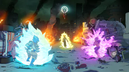 An intense HD wallpaper featuring Super Saiyan Trunks, Vegeta, and Goku from Dragon Ball Super, standing amidst a chaotic battlefield with glowing auras and flames in the background.