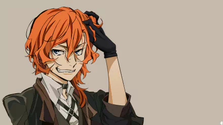 HD anime desktop wallpaper featuring Chuuya Nakahara from Bungou Stray Dogs with vibrant orange hair and confident expression against a neutral background.