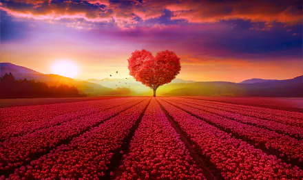 4K Ultra HD wallpaper of a vibrant sunset over a vast flower field, featuring an artistic heart-shaped tree at the center under a colorful sky.