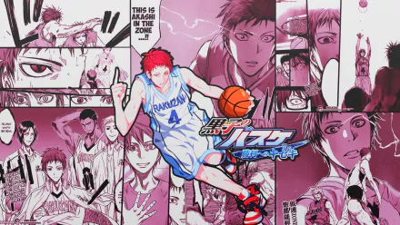 HD PC desktop wallpaper featuring Seijūrō Akashi from the anime Kuroko's Basketball, showcasing dynamic poses and intense scenes from the series.