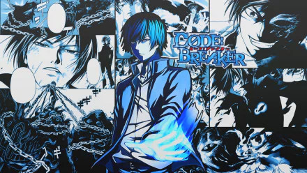 HD PC desktop wallpaper featuring Rei Ogami from the anime Code:Breaker, showcasing dynamic blue flames and intense manga-style panels.