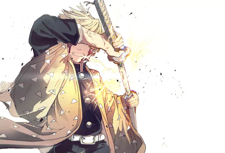 HD desktop wallpaper of Zenitsu Agatsuma from the anime Demon Slayer: Kimetsu no Yaiba, showcasing him wielding a sword with intense concentration.