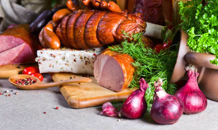 onion still life ham spices sausage food meat HD Desktop Wallpaper | Background Image