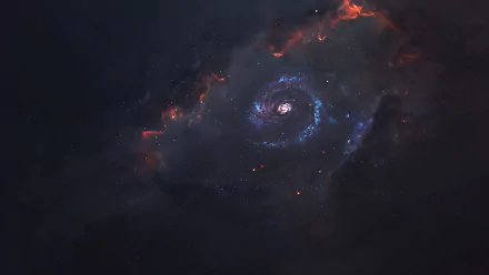 Sci-fi HD PC desktop wallpaper showing a glowing spiral galaxy at the center of dark cosmic clouds, fiery nebula edges and scattered blue star clusters as a dramatic desktop background.