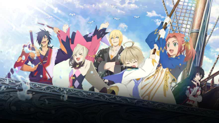 HD PC desktop wallpaper featuring vibrant characters from the video game Tales of Berseria, showcasing a dynamic and cheerful group scene.