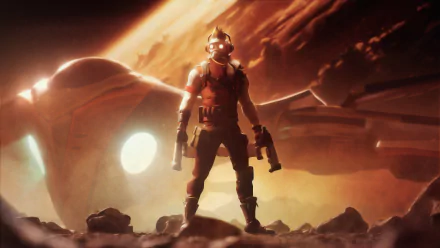 Star Lord stands armed on a rocky terrain with a spaceship in the background, depicted in a 4K Ultra HD Fortnite video game wallpaper.
