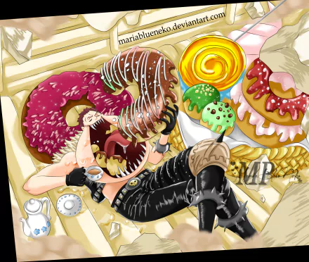 HD PC desktop wallpaper featuring Charlotte Katakuri from the anime One Piece surrounded by colorful, oversized donuts and sweets.