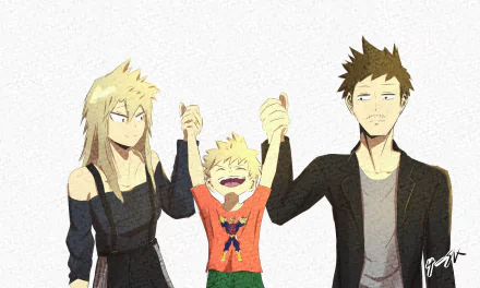 HD anime wallpaper featuring Katsuki Bakugou, Masaru Bakugo, and Mitsuki Bakugo from My Hero Academia, showcasing the family holding hands with joyful expressions.