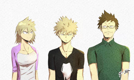 HD anime wallpaper featuring Katsuki Bakugou, Masaru Bakugo, and Mitsuki Bakugo from My Hero Academia in a stylized art design.