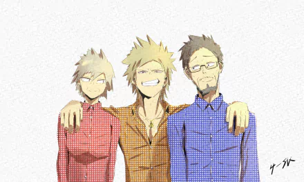 HD PC desktop wallpaper featuring Katsuki Bakugou, Masaru Bakugo, and Mitsuki Bakugo from the anime My Hero Academia, showcasing a family moment with bright, detailed art.