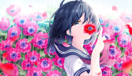 Anime-style girl with blue hair and eyes in a school uniform stands in the rain, holding a red flower near her face, surrounded by vibrant pink and purple blossoms in 4K Ultra HD.