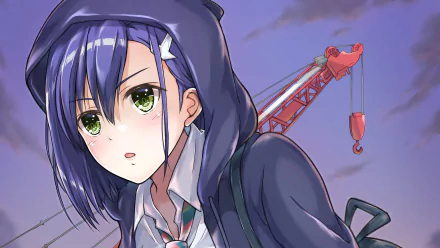 4K Ultra HD anime wallpaper featuring Ichigo from Darling in the FranXX with a crane and moody sky in the background, designed as a PC desktop background.