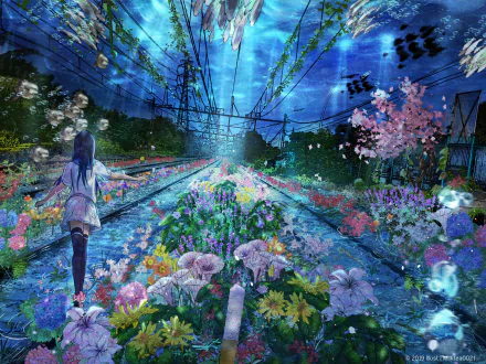 Anime-style HD wallpaper depicting a female character walking through an underwater flower-lined railway with a surreal, fantasy sea backdrop.