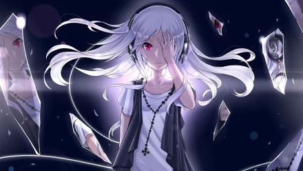 HD anime wallpaper featuring IA (Vocaloid) with white hair, red eyes, and headphones, surrounded by floating mirror shards against a dark background.