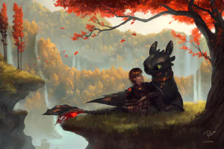 HD desktop wallpaper featuring Hiccup and Toothless from How to Train Your Dragon sitting together under a tree with autumn leaves and a scenic mountain backdrop.