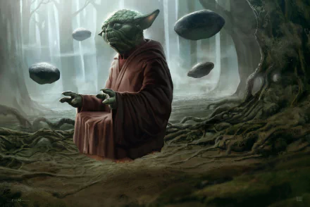 HD desktop wallpaper featuring Yoda from Star Wars, levitating in a serene forest setting with floating rocks. The image exudes a sense of peace and the mystical power of the Jedi.