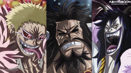 HD PC desktop wallpaper featuring anime villains Kaido, Donquixote Doflamingo, and Caesar Clown from One Piece in a dynamic, intense art style.