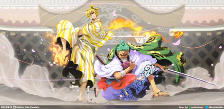 HD PC desktop wallpaper featuring anime characters Sanji, Roronoa Zoro, and Toko from One Piece in dynamic battle poses with vibrant colors and effects.