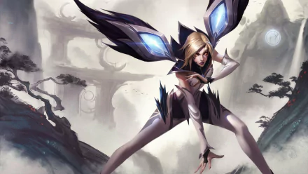 HD desktop wallpaper of Kai'Sa from League of Legends, featuring the character in a dynamic pose against a mystical landscape background.
