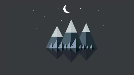 A minimalist HD desktop wallpaper featuring an artistic depiction of mountains with snow-capped peaks under a crescent moon in a starry night sky.