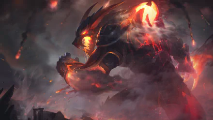 HD PC desktop wallpaper featuring Warwick from the video game League of Legends, showcasing his fierce, fiery form amid dark, smoky surroundings.