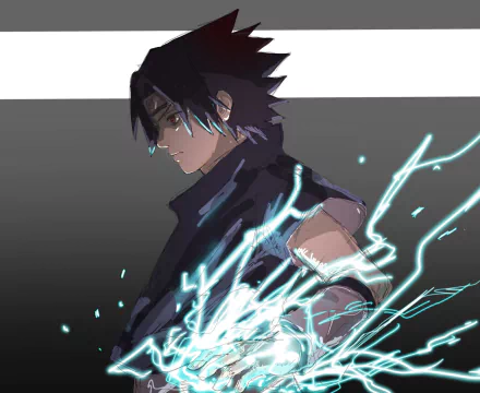 HD PC desktop wallpaper featuring Sasuke Uchiha from Naruto, depicted with intense expression and lightning effects highlighting his power in anime style.