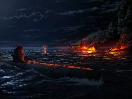 HD desktop wallpaper from the video game Hearts of Iron IV, featuring a submarine navigating dark waters near a burning ship under a stormy night sky.