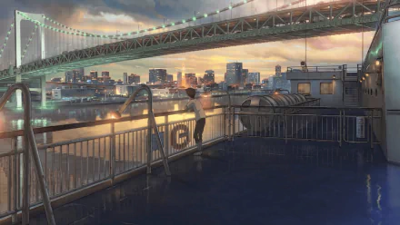 HD desktop wallpaper featuring Hodaka Morishima from Weathering with You. The anime scene showcases a stunning cityscape beneath a large bridge at sunset, with reflective waters adding to the serene atmosphere.