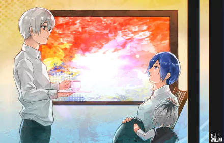 HD anime wallpaper featuring Ichika Kaneki, Touka Kirishima, and Ken Kaneki from Tokyo Ghoul:re, with a vibrant orange and pink sky framed by a window.