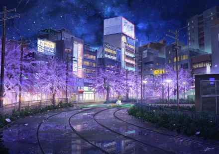 Anime-style HD wallpaper depicting a vibrant city scene at night with cherry trees in bloom, illuminated buildings, and a starry sky.