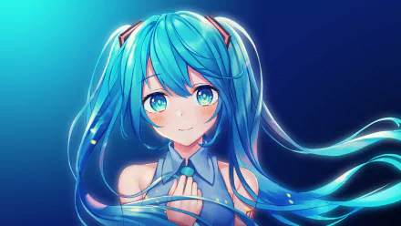 HD desktop wallpaper featuring Hatsune Miku, an iconic Vocaloid character, in anime style with her signature long blue hair and vibrant eyes against a dark blue background.
