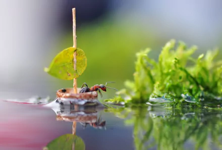 Macro shot of an ant on a small boat made from natural materials, floating on water with clear reflections, surrounded by green moss and blurred background.