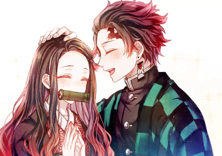 HD desktop wallpaper featuring Nezuko Kamado and Tanjiro Kamado from the anime Demon Slayer: Kimetsu no Yaiba. Nezuko and Tanjiro share a heartfelt moment, depicted in vibrant and detailed artwork.