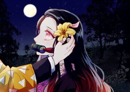 HD PC desktop wallpaper featuring Nezuko Kamado from the anime Demon Slayer: Kimetsu no Yaiba, under a full moon with a serene night sky background.