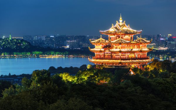 Religious Pagoda Light Night City God Pavilion China HD Wallpaper | Background Image