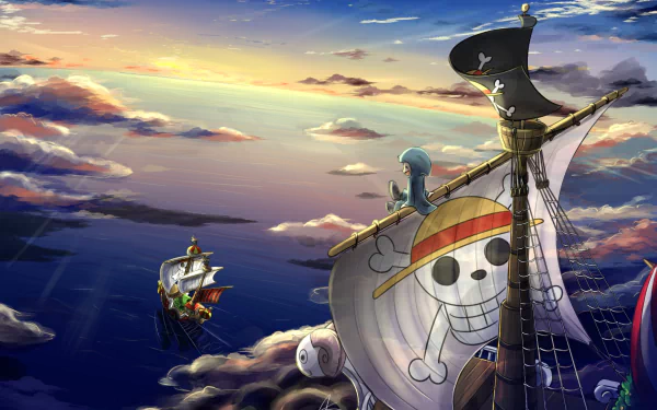 HD wallpaper featuring Thousand Sunny and Going Merry from One Piece sailing against a beautiful sunset sky. A perfect anime-inspired background for One Piece fans.