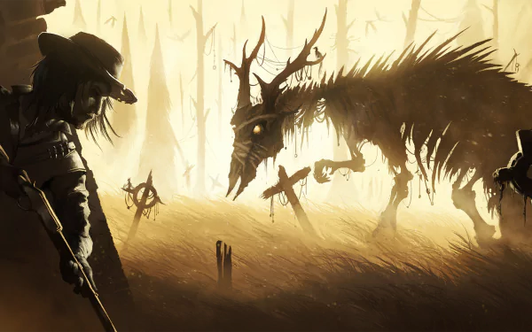 Eerie hunting creature lurking in dark graveyard - HD desktop wallpaper.