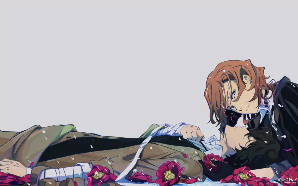 HD anime desktop wallpaper featuring Osamu Dazai and Chuuya Nakahara from Bungou Stray Dogs, lying amidst scattered red flowers on a light grey background.