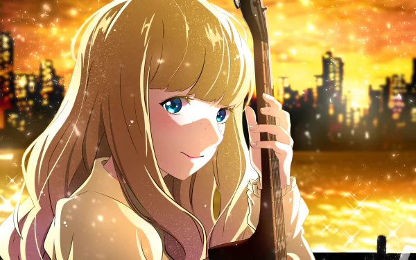 HD desktop wallpaper of Tuesday from the anime Carole & Tuesday, featuring her with blonde hair, blue eyes, and a serene expression against a vibrant sunset cityscape.