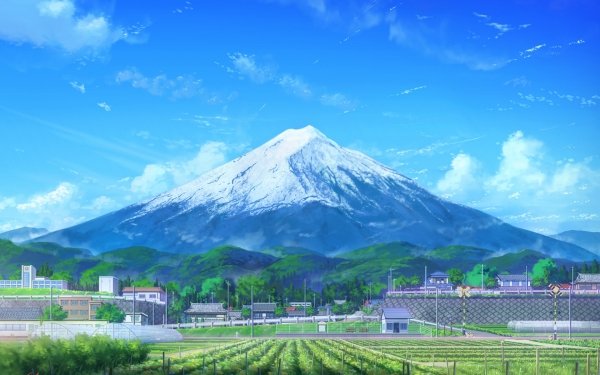 Anime Original Mount Fuji Sky Cloud Scenery Mountain Field Building HD Wallpaper | Background Image