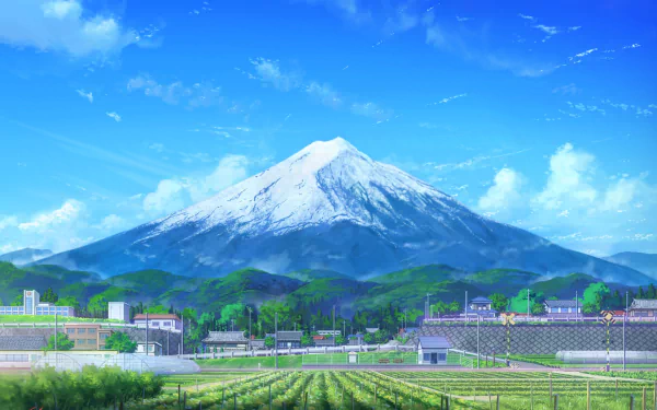 HD anime desktop wallpaper of a serene landscape featuring fields, buildings, and a clear sky with clouds, all set against the majestic backdrop of Mount Fuji.