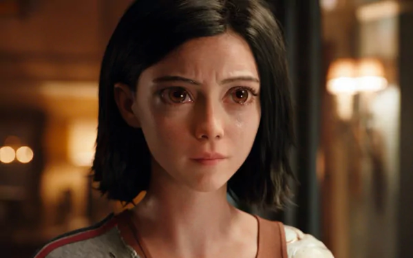 HD wallpaper featuring Alita from the movie Alita: Battle Angel, showcasing her black hair and brown eyes in a close-up shot.