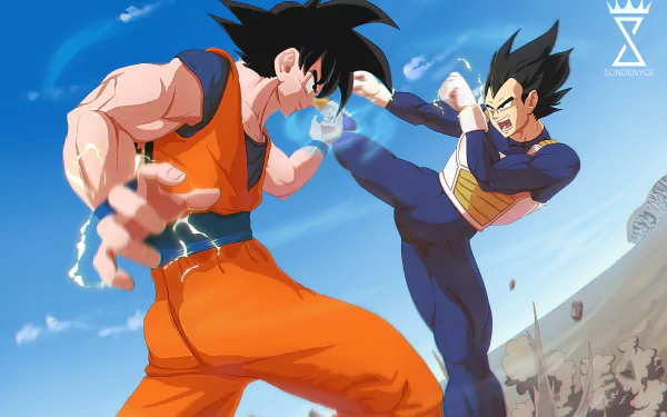 Goku and Vegeta clash midair—Vegeta's kick meets Goku's guard in a dynamic Dragon Ball Super anime battle; high-detail 8K Ultra HD PC desktop wallpaper background.