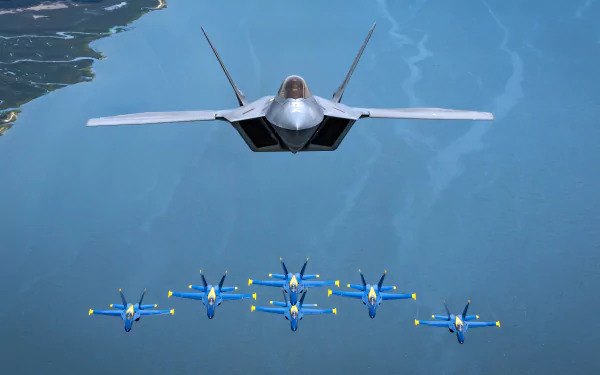 HD desktop wallpaper of a Lockheed Martin F-22 Raptor warplane jet fighter above a formation of six Blue Angels blue-and-yellow military aircraft over the ocean.