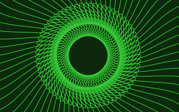 Abstract green spiral of interlacing lines forming a circular lattice on a dark background — 8K Ultra HD PC desktop wallpaper.