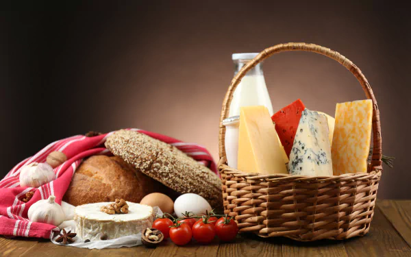 walnut milk garlic egg bread tomato cheese basket food still life HD Desktop Wallpaper | Background Image