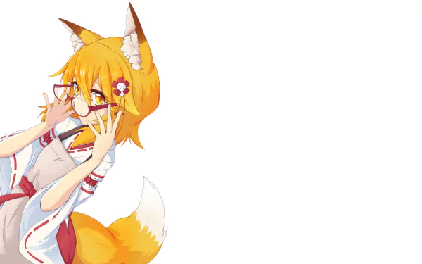 Anime-style blonde character from The Helpful Fox Senko-san with fox ears, glasses, and a fluffy tail, featured as a 4K Ultra HD PC desktop wallpaper.
