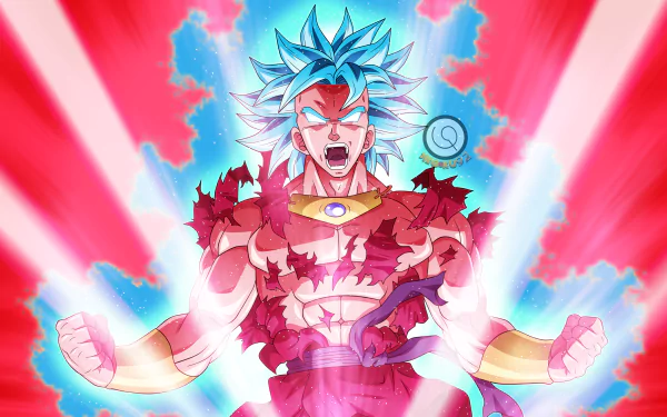 Broly (Dragon Ball) as Super Saiyan Blue, screaming with crackling blue aura and red energy flares — Dragon Ball Super rage anime 2K Quad HD desktop wallpaper.