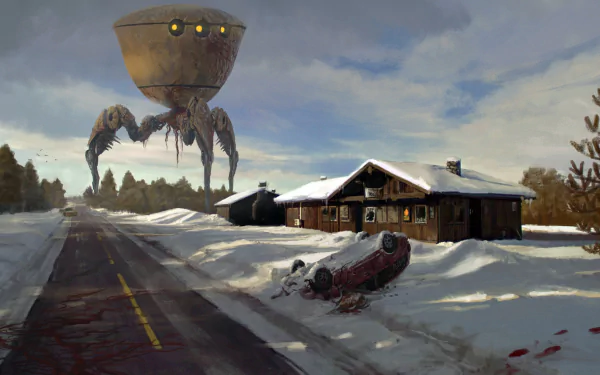 HD PC desktop wallpaper depicting a snowy winter scene with a cabin and a large alien sci-fi tripod machine looming in the background.